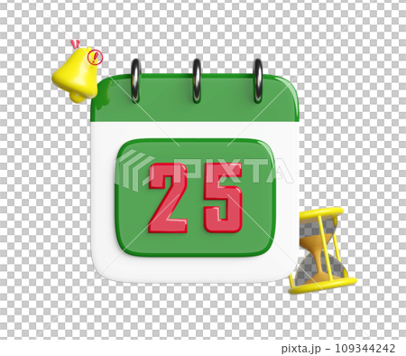 calendar on December 25th with warning bell notification, hourglass. merry christmas and happy new year, 3d render illustration calendar on December 25th with warning bell notification, hourglass. merry christmas and happy new year, 3d render illustration 109344242