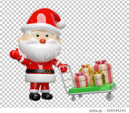 Santa Claus pushing warehouse trolley or platform trolley with gift box. merry christmas and happy new year, 3d render illustration Santa Claus pushing warehouse trolley or platform trolley with gift box. merry christmas and happy new year, 3d render illustration 109344243