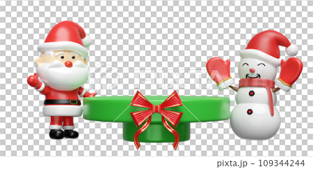 cylinder stage podium with Santa claus, snowman, red ribbon. merry christmas and happy new year, 3d render illustration cylinder stage podium with Santa claus, snowman, red ribbon. merry christmas and happy new year, 3d render illustration 109344244