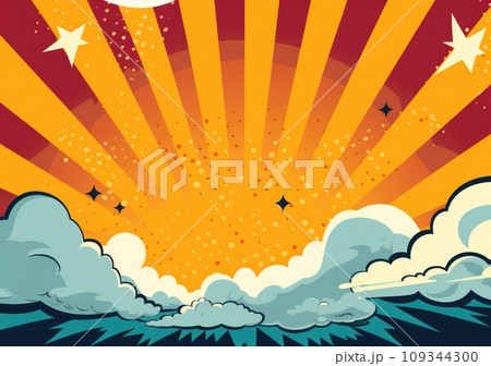 comic abstract pop art background with thunder. Comic pattern with starburst and halftone. 109344300