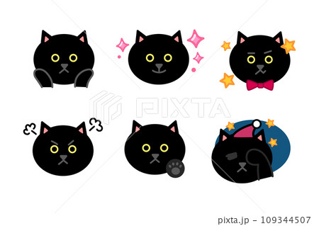 猫の顔　アイコンセット　黒猫　考える　キラキラ　ぷんぷん　OK　眠い 109344507