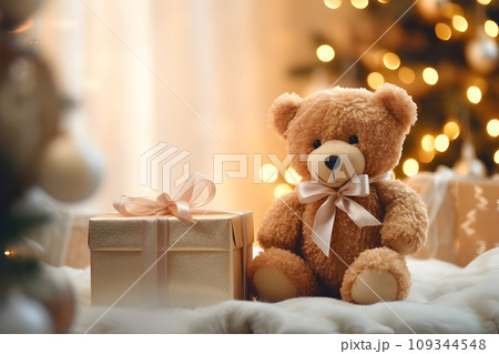 Cozy Bed with Gift Box, Bear Doll, Warm Lighting, Pine Tree, and Christmas Accessories.GenerativeAI. 109344548