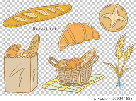 法國麵包、羊角麵包和小麥、籃子裡的麵包、手繪可愛的插圖集 109344688