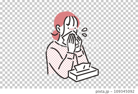 A woman blowing her nose with a tissue 109345092