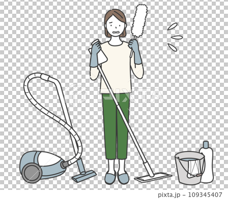 一個有很多清潔工具和一張困擾的臉的女人 109345407