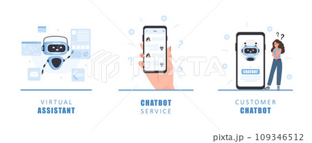 Chatbot concept. Woman talking with robot. AI assistant. Girl asking questions and receiving answers. Online customer support. Artificial intelligence. Vector illustration in flat cartoon style 109346512