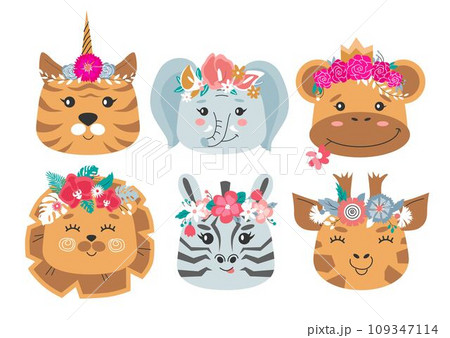 Animal heads in flower crowns set. Cute tiger,elephant, monkey, zebra, lion, giraffe. vector illustration for children design, poster, birthday greeting cards. 109347114