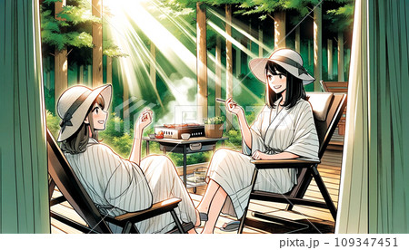 サウナ上がりの女子二人が森の中で日差しを浴びながらリラックスしている様子 109347451