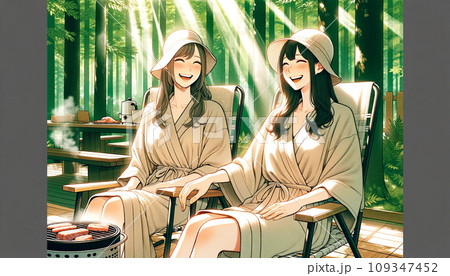 森の中の晴れた日の風景の中で、サウナ上がりに二人の女性が談笑している様子 森の中の晴れた日の風景の中で、サウナ上がりに二人の女性が談笑している様子 109347452