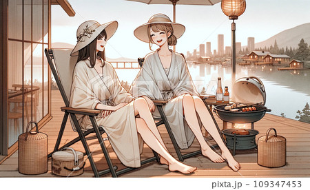 暮れの中でサウナ後にグランピングを楽しむサウナ女子人 暮れの中でサウナ後にグランピングを楽しむサウナ女子人 109347453