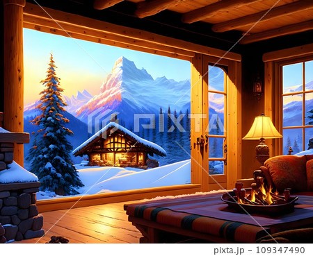Mountain chalet interior in winter - Generative AI 109347490
