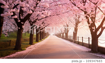 桜並木、満開の桜と公園の散歩道の風景、AI生成画像 109347683