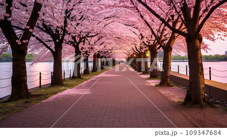 桜並木、満開の桜と公園の散歩道の風景、AI生成画像 109347684