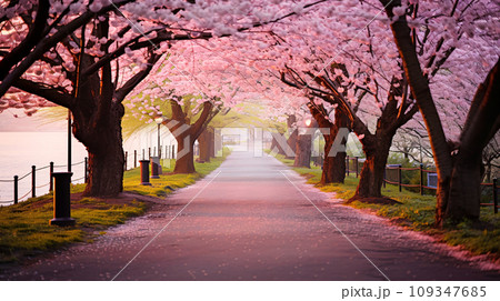 桜並木、満開の桜と公園の散歩道の風景、AI生成画像 109347685
