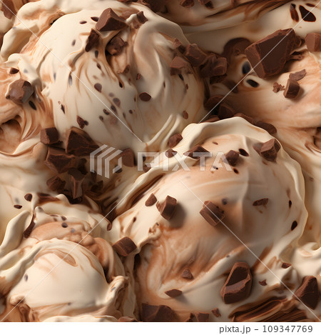 Vanilla caramel chocolate chip ice cream flavors in seamless pattern style. Close up creamy gelato dessert in intricated texture. Generative AI. Vanilla caramel chocolate chip ice cream flavors in seamless pattern style. Close up creamy gelato dessert in intricated texture. Generative AI. 109347769