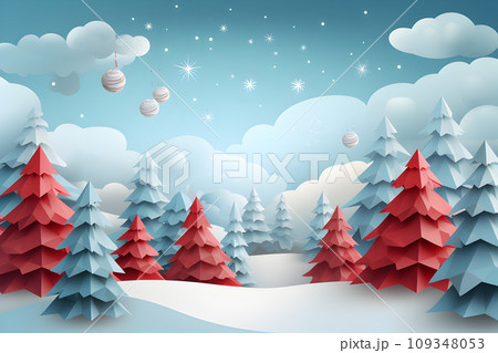 christmas card with christmas tree and snowflakes.merry christmas papercraft style.GenerativeAI. 109348053