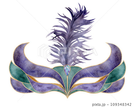 Hand drawn watercolor Mardi Gras carnival symbols. Theater masquerade circus mask with feathers, gold purple green. Single object isolated on white background. Design for party invitation, print, shop 109348342