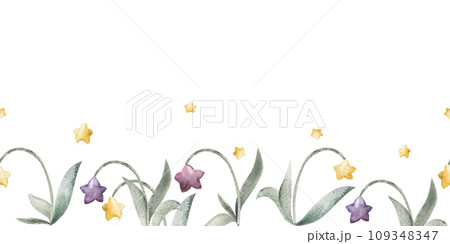 Watercolor hand drawn illustration, magical star flowers, leaves and stems growing in line. Seamless border Isolated on white background. For kids, children bedroom, fabric, linens print, cards art 109348347