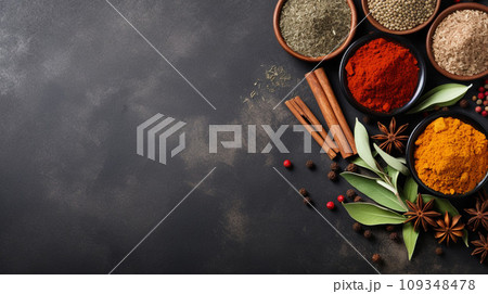 Top view of Herbal Spices on table, cooking ingredients with copy space, Food background 109348478