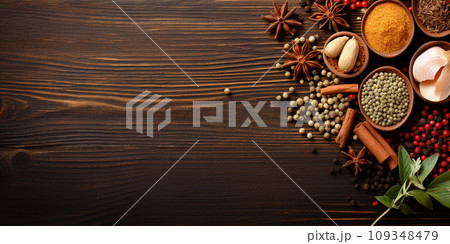 Top view of Herbal Spices on table, cooking ingredients with copy space, Food background 109348479