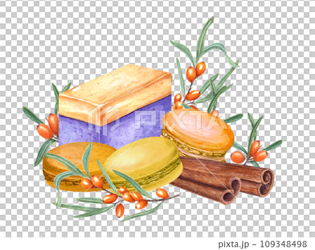 Yellow sweets surrounded by sea buckthorn branches and cinnamon sticks. Cake, macarons, berries. Traditional French macarons, cake. Fruit dessert, cream. Watercolor illustration for menu, recipe 109348498