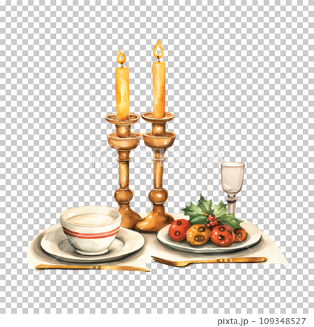 Festive Watercolor Glow: Candlestick Illuminating the Christmas Dinner Scene.GenerativeAI. 109348527