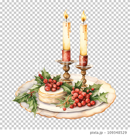 Festive Watercolor Glow: Candlestick Illuminating the Christmas Dinner Scene.GenerativeAI. 109348529