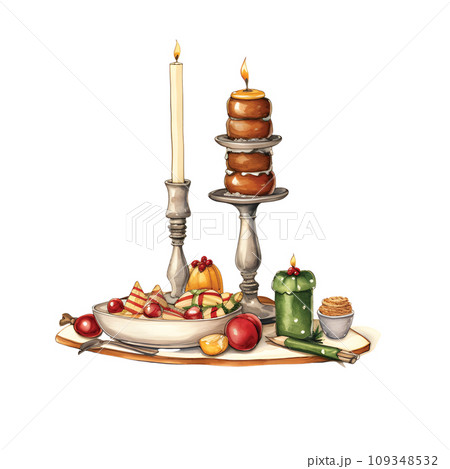 Festive Watercolor Glow: Candlestick Illuminating the Christmas Dinner Scene.GenerativeAI. 109348532