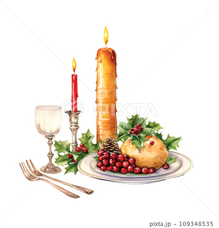 Festive Watercolor Glow: Candlestick Illuminating the Christmas Dinner Scene.GenerativeAI. 109348535