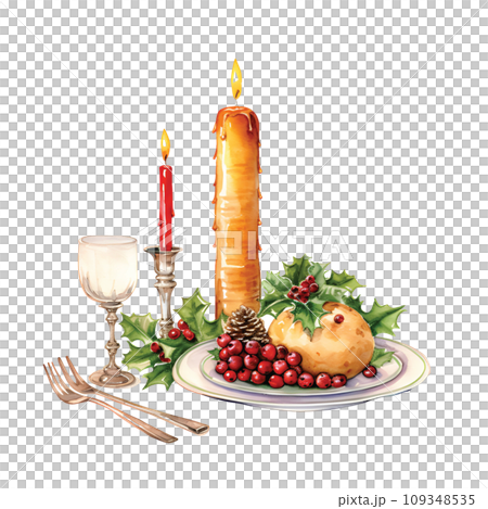 Festive Watercolor Glow: Candlestick Illuminating the Christmas Dinner Scene.GenerativeAI. 109348535
