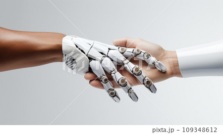 Human and robot's hand touching, Concept of harmonious coexistence of humans and AI technology 109348612