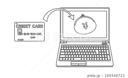 ノートパソコンからクレジットカードチャージ（クレカ、矢印、がま口財布、ノートPC、線画） 109348723