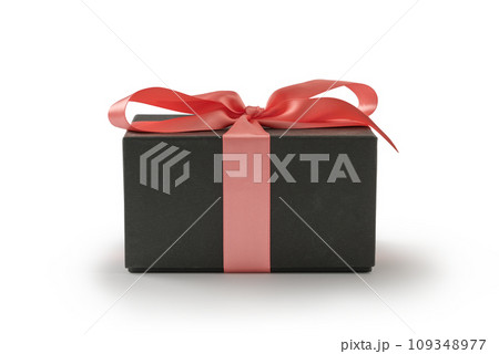 Black present box with rose ribbon isolated on white 109348977