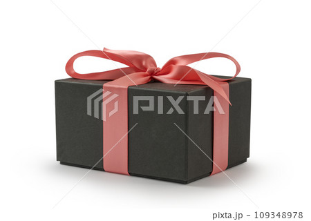 Black present box with rose ribbon isolated on white 109348978