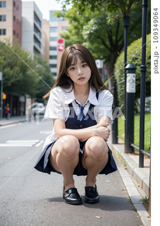 道路に座る制服の女子高生　AI画像　AI写真 109349064