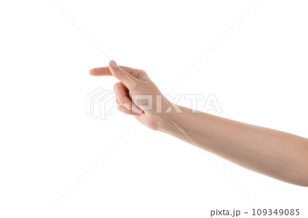 Young woman hand to hold business card or something thin isolated on white background 109349085