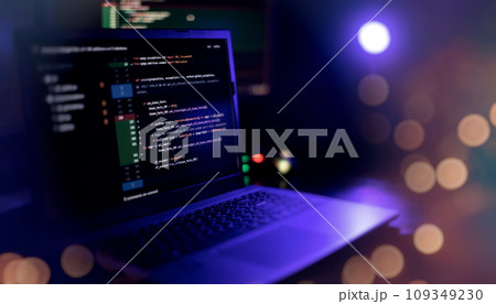 IT specialist workplace. Computer code data. Project managers work IT specialist workplace. Computer code data. Project managers work 109349230