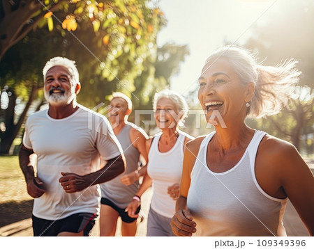 Senior grey haired men and women running a marathon race in a multi generation group of people in the park 109349396