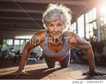 Senior gray elderly woman doing pushups plank workout in a gym. Senior gray elderly woman doing pushups plank workout in a gym. 109349397