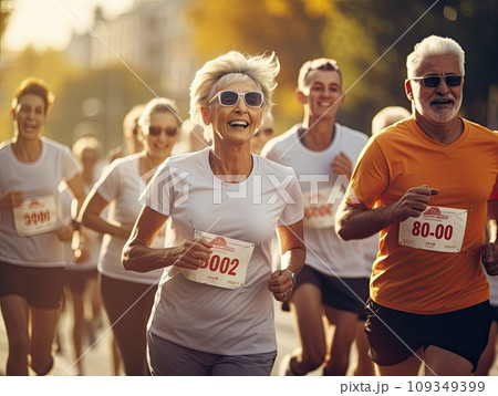Senior grey haired men and women running a marathon race in a multi generation group of people in the park 109349399