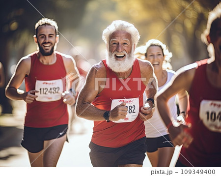 Senior grey haired men and women running a marathon race in a multi generation group of people in the park Senior grey haired men and women running a marathon race in a multi generation group of people in the park 109349400