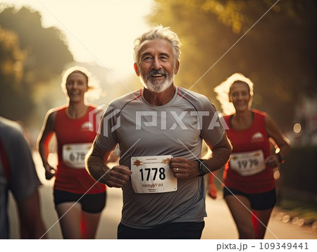 Senior grey haired men and women running a marathon race in a multi generation group of people in the park Senior grey haired men and women running a marathon race in a multi generation group of people in the park 109349441