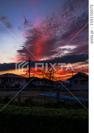 奈良市住宅街　晩秋の夕焼け　公園の奥家並の向こうに沈んで行く夕日と大空に広がった夕焼け⑦ 109350078