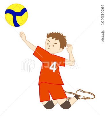 バレーボールの試合で全身を使って右手でアタックをする男の子(左向き) 109350266