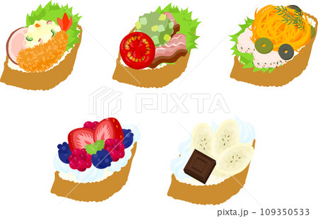 エビフライやポテトサラダなどを使った美味しそうな可愛いオープンサンドイッチのアイコン 109350533