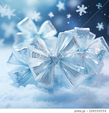 雪の結晶とシルバーのリボン　冬とクリスマスの背景素材　AI画像 109350554