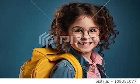 Handsome 7yo little girl in glasses is surprised, inspired, copy space, isolated on blue background 109351077
