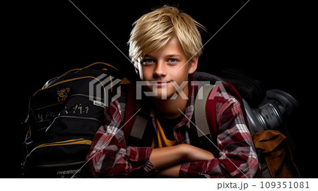 Cute teenager boy in red checkered shirt with school bag and hands in pockets over white isolated background, half body, as school, education concept 109351081