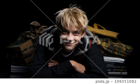 Cute teenager boy in black shirt with school bag and hands in pockets over black isolated background, half body, as school, education concept 109351082