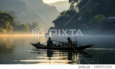 Boat in early morning sunshine at lake. Asian fisherman Thailand, Vietnam 109351101